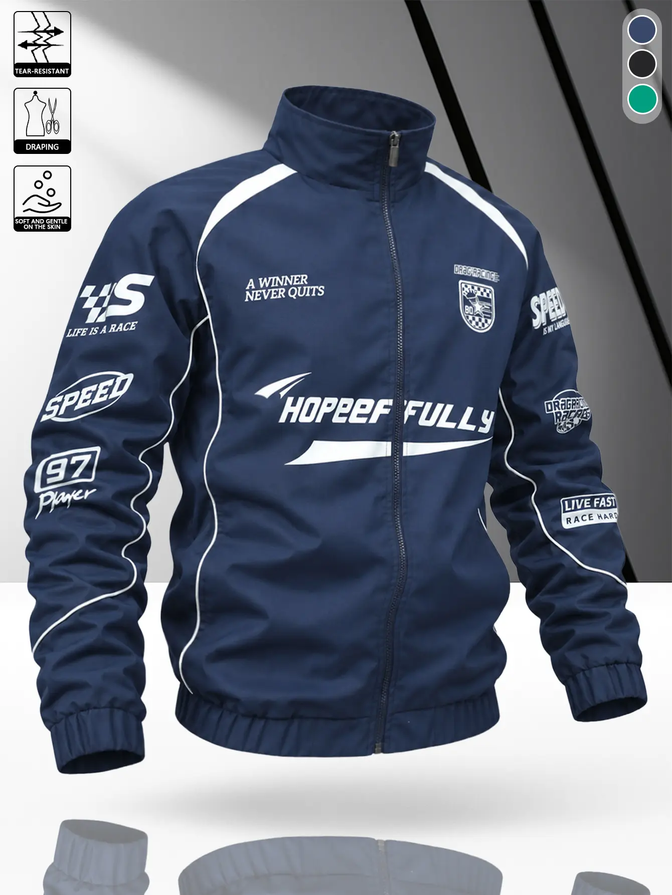 Men’s navy blue American racing-themed stand-collar jacket with white diagonally striped contrast piping at the shoulders, full zip closure, elastic cuffs, and a gathered hem; retro motorcycle racing-style casual outerwear for spring and autumn.