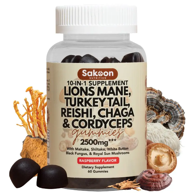 Sakoon Nutrition 10-in-1 Chewable Lions Mane Mushroom Complex Gummies - Adaptogenic Mushroom Blend, Gluten Free, Brain Health, Immune Function, Antioxidant Boost Dietary Supplements