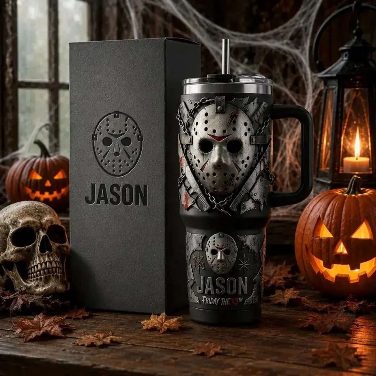 [No box] Jason Voorhees Friday the 13th 40oz Tumbler, Premium Stainless Steel Insulated Travel Cup With Handle and Straw, Iconic Hockey Mask Slasher Horror Movie Collector Mug, Leakproof Halloween Gift for Classic Horror Fansmerch unique cup