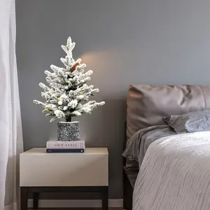 Small Christmas tree suitable for indoor areas such as desktops and entrances to create a warm home atmosphere/2 feet flocked Christmas tree with pot bottom, 30 warm white LED lights, 189 lamp holders, PE+PVC branches, with 3 pinecones Home decoration/
