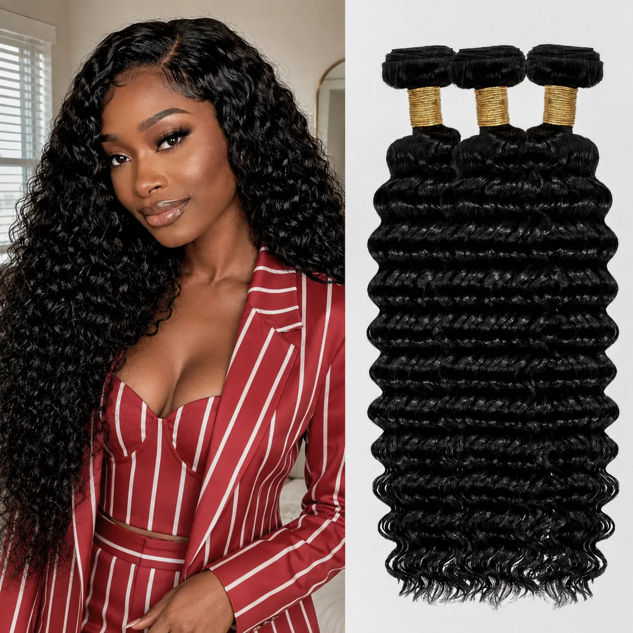 Human Hair Blend Bundles, Natural Black Straight, Body Wave & Deep Wave, Soft Thick Full Wefts for Quick Weave, Sew-In and Wig Making