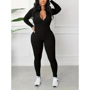 Solid Zipper Mock Neck Skinny Jumpsuit for Women, Casual Comfy Long Sleeve Jumpsuit for Daily Wear, Ladies Clothes for All Seasons, Going Out Outfits