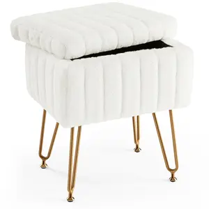 Vanity Stool Chair with Storage – Ottoman Faux Fur Soft Padded Makeup Footstool Seat – 4 Metal Legs with Anti-Slip Adjustable Feet for Bedroom & Dressing Room