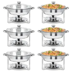 GARVEE 6-Piece Stainless Steel Round Chafing Dish Buffet Set with Glass Lids, Food & Water Pans, and Fuel Holders for Professional Catering, Weddings, and Parties