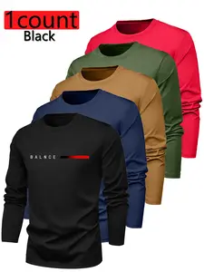 Men's Regular Fit Balance Letter Print Long Sleeve Tee, Casual Comfy Round Neck T-shirt for Daily Wear, Men's Top for All Seasons