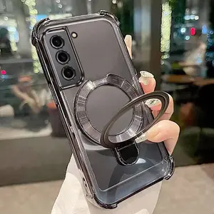 S22 Plus Colorful Circle Stand Transparent Plating Phone Holder Case with Impact Resistant Cover Compatible with For Samsung Galaxy S22 Plus