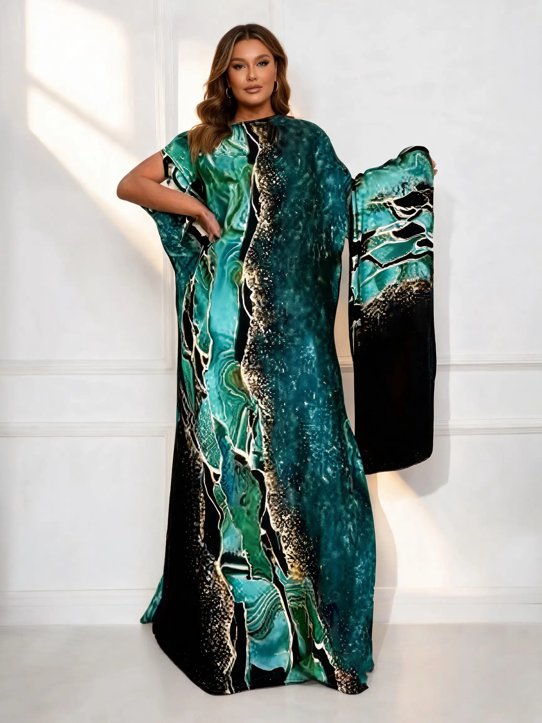 【Rainforest Emerald Collection】Women's Tropical Oversized Style Summer Short-Sleeve Rainforest Emerald Collection Polyester Dress - Smooth Fabric, Elegant Loose Fit, Modest Muslim Aesthetics Loungewear for Beach Travel, Shortsleeve, Casual