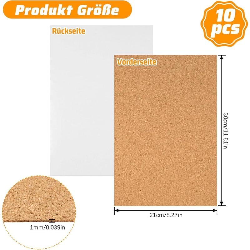 10 Pack Self-Adhesive Cork Board, 30 x 21 cm, Cork Pin Board, 1 mm Thick Cork Board, Cork Mat, Self-Adhesive DIY Notice Board, Rectangular Insulated Cork Panels for Crafts Office School Kitchen