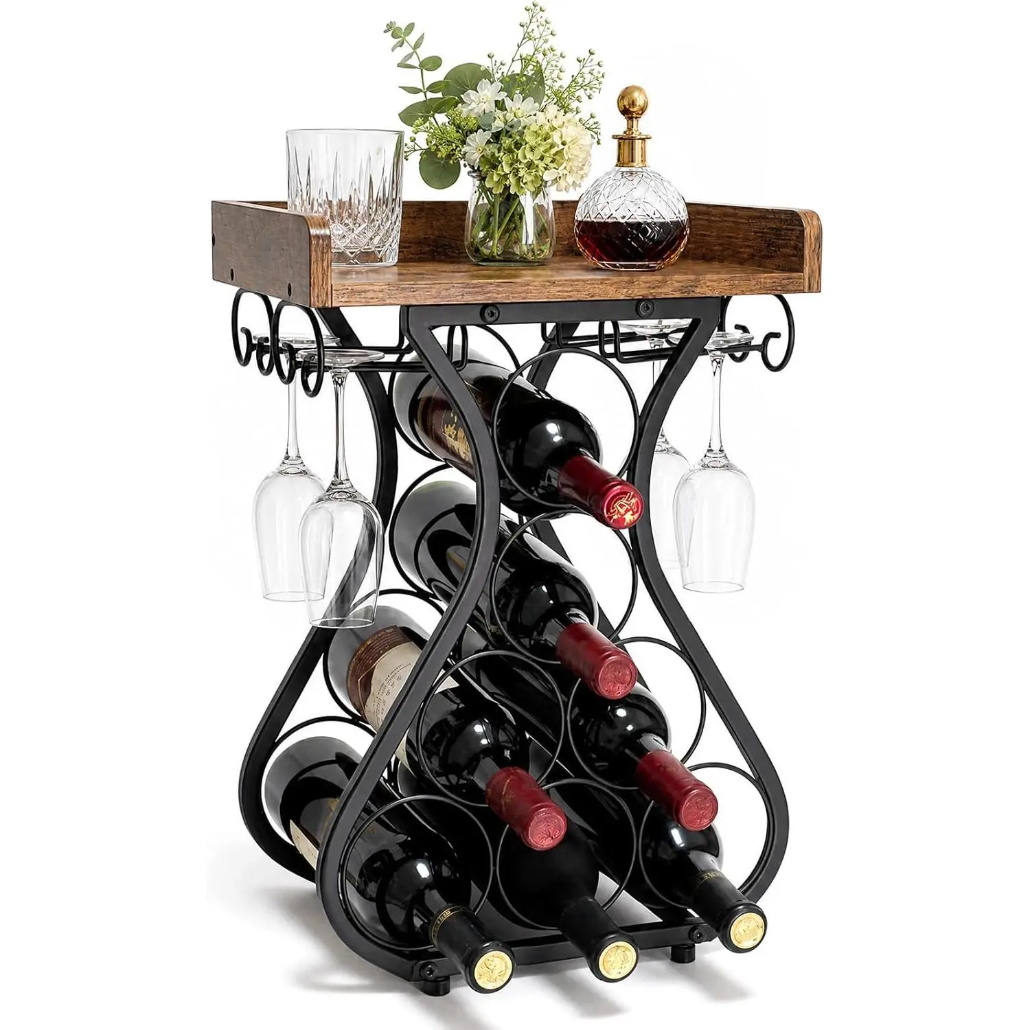 Wine Rack, Metal Wine Racks Countertop with Glass Holder Wood Tabletop, Wine Storage Cabinet Shelf for Pantry, Kitchen, Home Bar, 7 Bottles Wine Rack Black