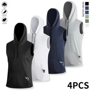 Men's casual sportswear, solid color short-sleeved men's sports top, hooded sweatshirt, drawstring hooded vest, polyester knitted fabric, suitable for daily exercise in the gym