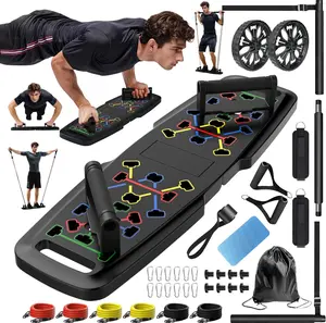 Push Up Board,Home Gym,Portable Exercise Equipment,Pilates Bar and 20 Fitness Accessories with Resistance Bands and Ab Roller Wheel,Full Body Workout at Home