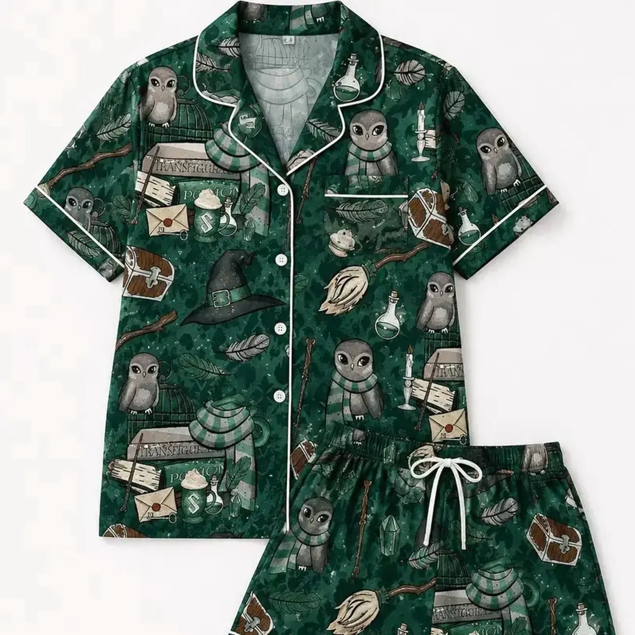 Cute Wizard Pajama Set, Magical Spellbook Fantasy Sleepwear, Women's Satin Loungewear Set