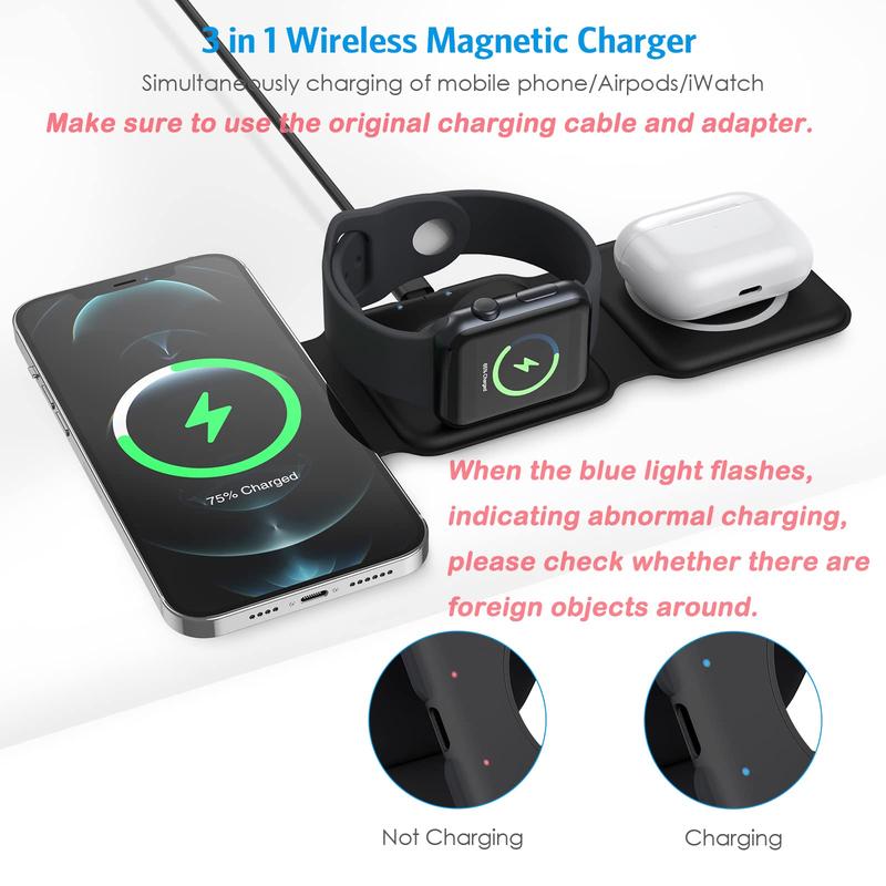 Charging Station for Apple Multiple Devices - 3 in 1 Foldable Magnetic Wireless Charger Dock - Travel Charging Pad for iPhone 15 14 13 12 Pro Max Plus Watch & Airpods, tiktok shop store