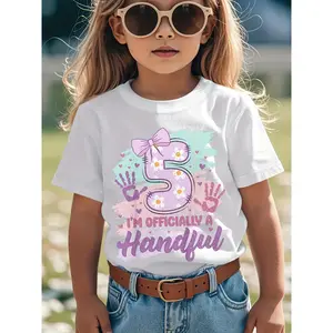 5th Birthday T-Shirt - Officially Handful Five  Bow & Number 5 Graphic, Cute Handprint Design, Short Sleeve Round Neck Casual Top for 5 Year Old Girls, Birthday Party Outfit, All-Season Comfortable Playwear