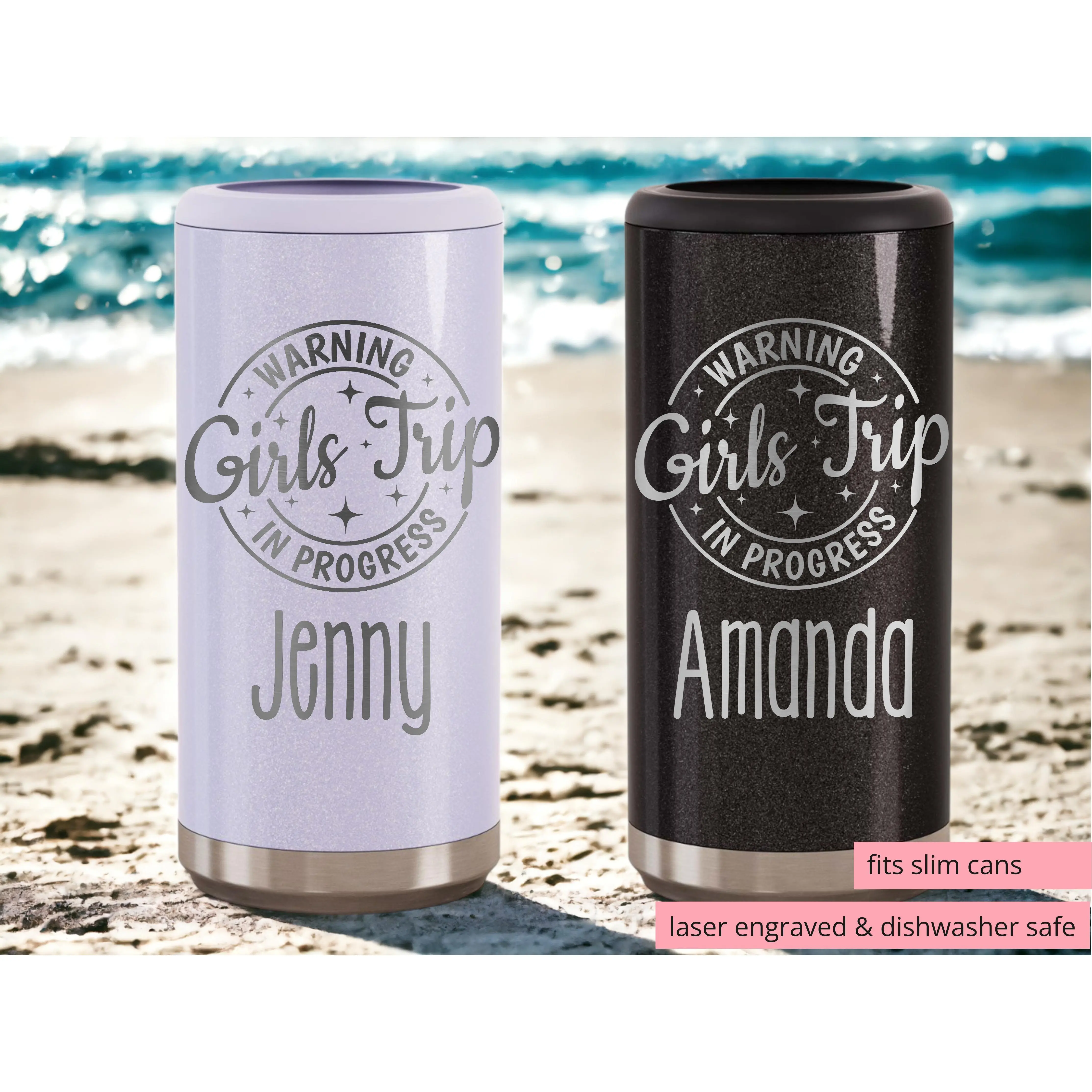 Girls Trip Slim Can Cooler – Laser Engraved, Insulated, Personalized Bachelorette or Girls Weekend Favor