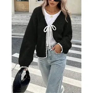 Autumn Winter New Fashion Elegant Simple Versatile Long Sleeve V Neck Tie Women's Knitted Sweater Cardigan, Casual Wear for Ladies(Sheet)
