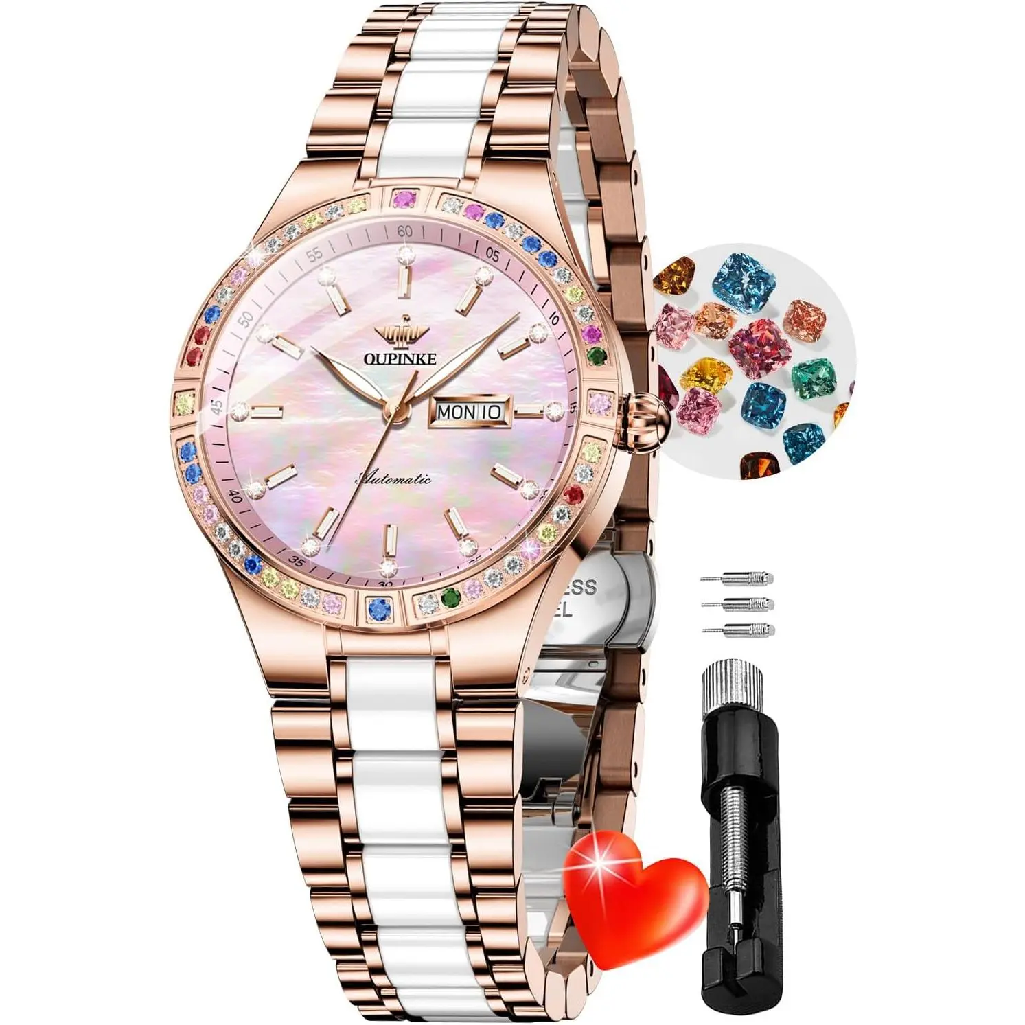 OUPINKE Women Automatic Watches Colorful Diamond Elegant Luxury Dress  Ladies Rose Gold Mechanical Sapphire Crystal Wrist Watch - TikTok Shop