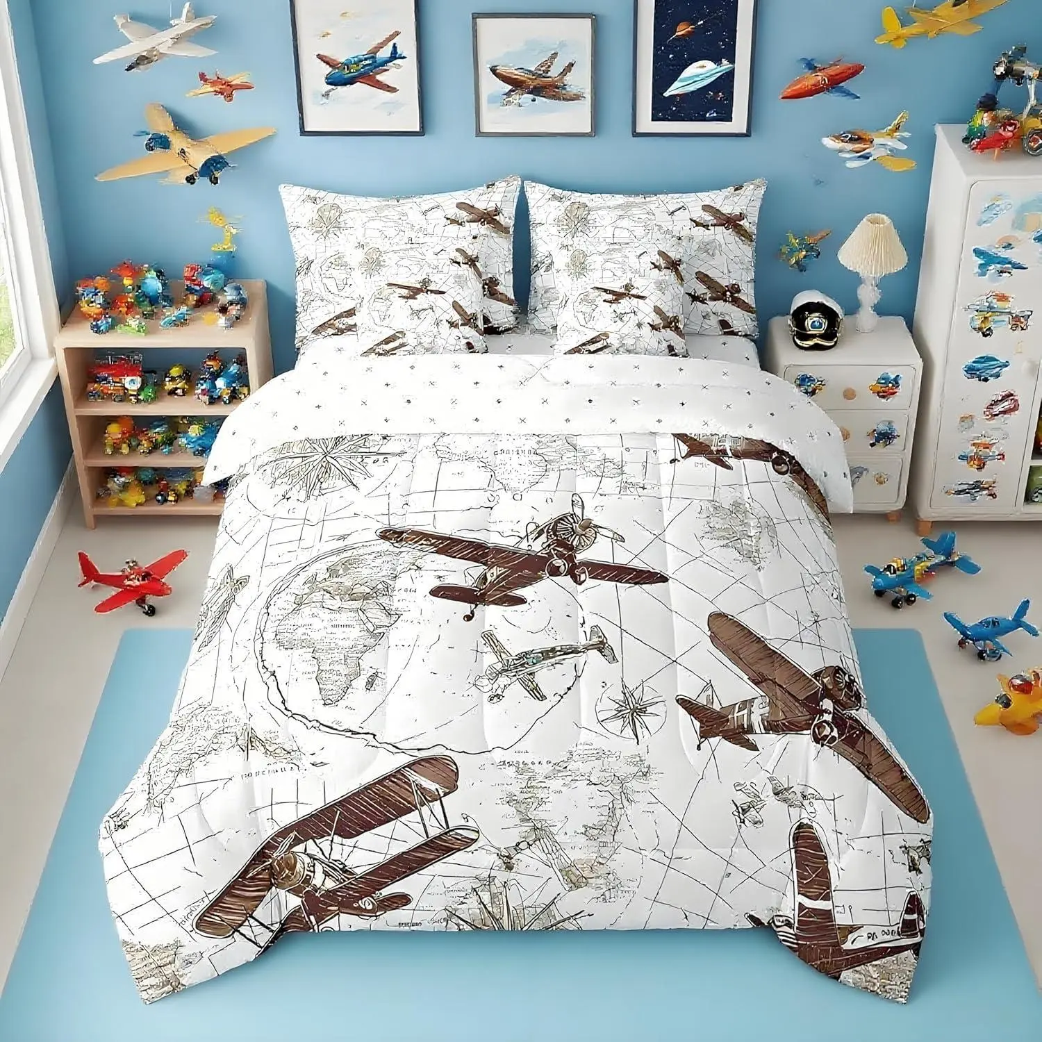 3D Aircraft Comforter Set 7 Pieces Airplane Print Bed in a Bag Aircraft Flying Flight Map Air Route Bedding Set Bedroom Decor Brown Bed Set with Comforter,Sheet Set,Pillowcases