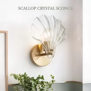 Modern Gold Wall Sconce, Shell-Shaped Crystal Glass Wall Light Fixture, Luxury Gold Light Fixture for Bathroom Bedroom Living Room Hallway, E14 Base, Bulbs Not Included