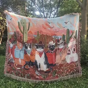 Cowboy Cat patterned Bohemian-style jacquard tassel blanket-Yarn Thick Breathable with Tassels for Home Decor Sheet Living Shawl Tapestry Yoga Couch Sofa Chair Tablecloth Garden Office Travel Outdoor Camping Picnic Not Printed No Faded No Pilling