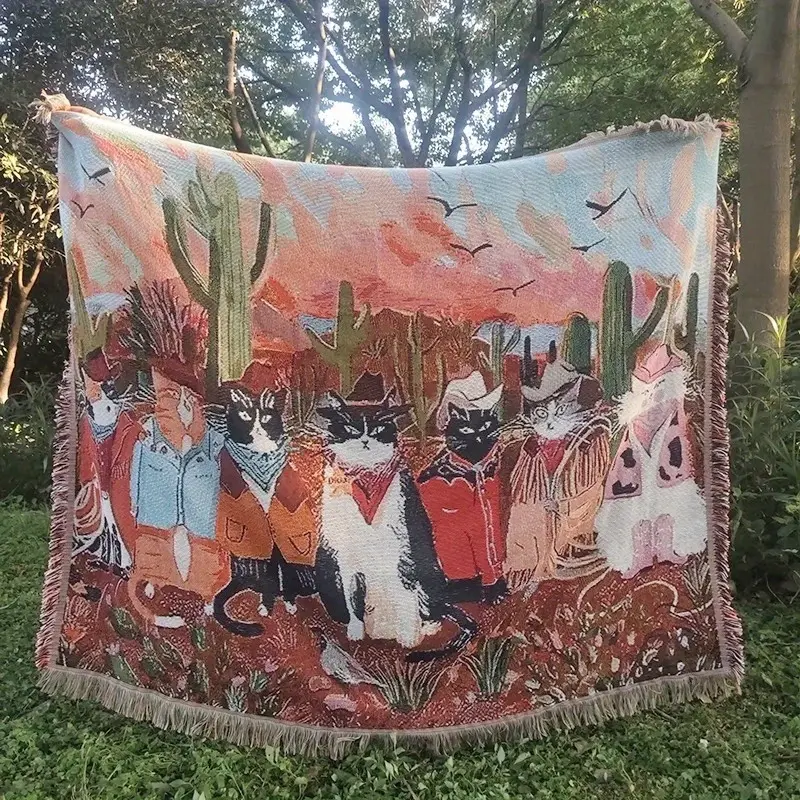 Cowboy Cat patterned Bohemian-style jacquard tassel blanket, Decorative blanket, Yarn Thick Breathable for Home Decor, Couch Sofa Chair, Blanket With Tassels, Blankets For Sofa, Not Printed No Faded No Pilling
