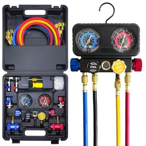 R1234yf AC Gauge Set, 4 Way AC Manifold Gauge Set for R1234yf R134a R404a Refrigerant, 4 Valve Manifold Gauge Set with 5FT Hoses,Anti- Dials Provide  Accurate Reading