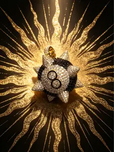 M3-5322 Two Tone Black White Iced Out Spiky 8 Ball Pendant, Fully Bust Down CZ Diamond Sun Spike Hip Hop Necklace Charm for Men Trap Street Rapper Jewelry