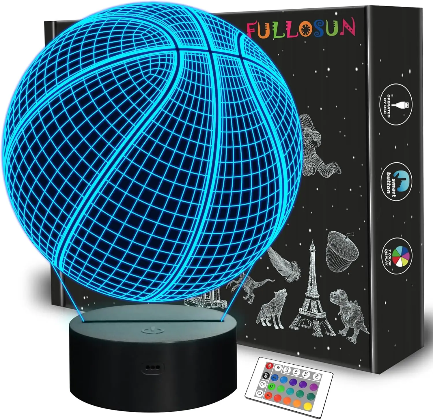 3D Basketball Novelty Lighting - Remote Control, 16-Color Dynamic RGB LED RGB Lighting, Cool Lights Illuminated Night Light for Sports Fans, Perfect Birthday Gift for Boys