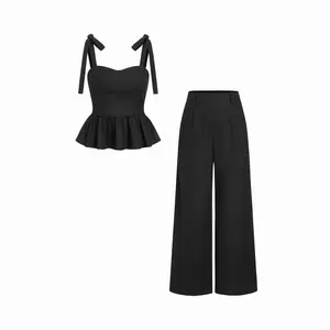 Cider Linen-blend Sweetheart Bowknot Ruffled Tank Top & Mid Rise Wide Leg Trousers Set SwimWeek