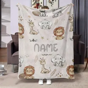 Customized Digital Printed Flannel Blanket Simple Cute Animal Series Name Customization Holiday Gift Office Living Room Warm Cozy Throw Bed Sofa Kawaii Decor Birthday Present