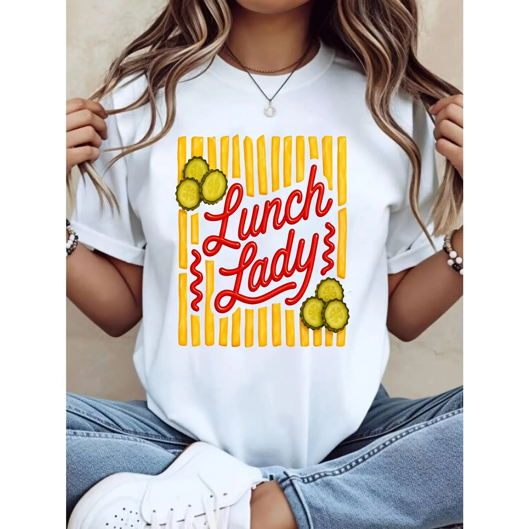 Women's Lunch Lady T-Shirt, Casual Pickle Graphic Print Top, Soft 100% Cotton with Round Neck, Summer Oversize Fit, Pickle Graphic Women's T-Shirts, Short Sleeve, Shrink Resistant, Pickle Print, Graphic Front