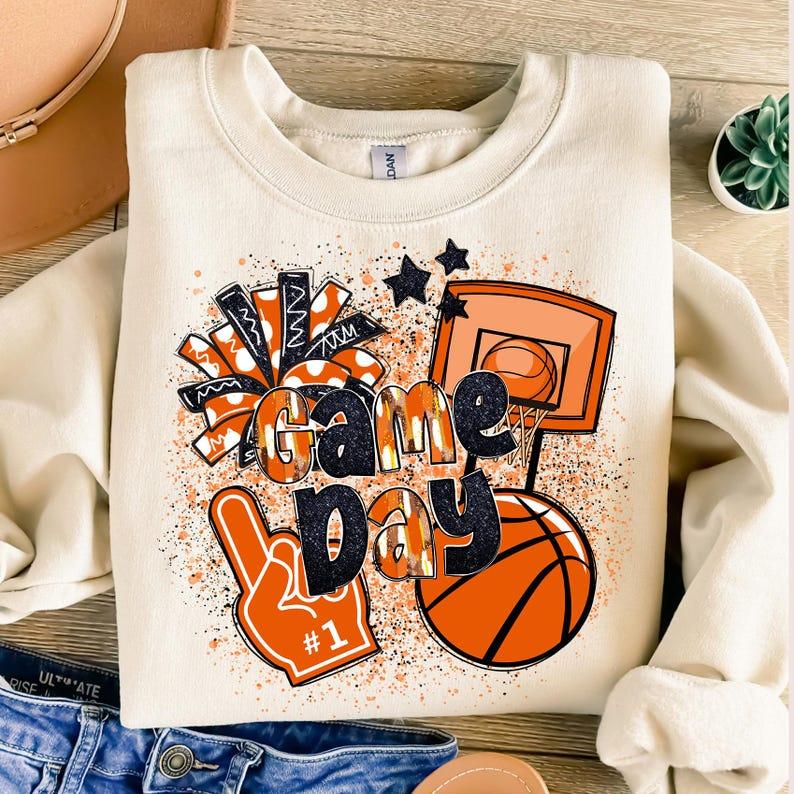 Game Day Basketball Sweatshirt, Coquette Basketball Shirt, Preppy Basketball Mom Shirt, Brushstroke Basketball Season Tee, Trendy Game Day Crew Neck
