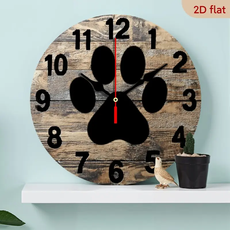 2D Flat 1pc 10 Inch Rustic Wood Pet Paw Print Wall Clock - Farmhouse Style Silent Sweep Movement, Black Hands & Wood Face with Paw Print Hour Markers, Dog/ Paw Design for Living Room, Kitchen,, for Man Cave - Easy Hang Pet Lover