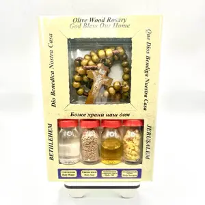 Holy Gift Set with Olive Wood Rosary comes with Holy water, oil, incense and soil