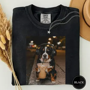 Comfort Colors Funny Bernese Mountain Dog Drinking Iced Coffee Shirt, Animal Meme Tee, Dog Lover Gift, Funny Berner Shirt, Dog Mom Gift NX