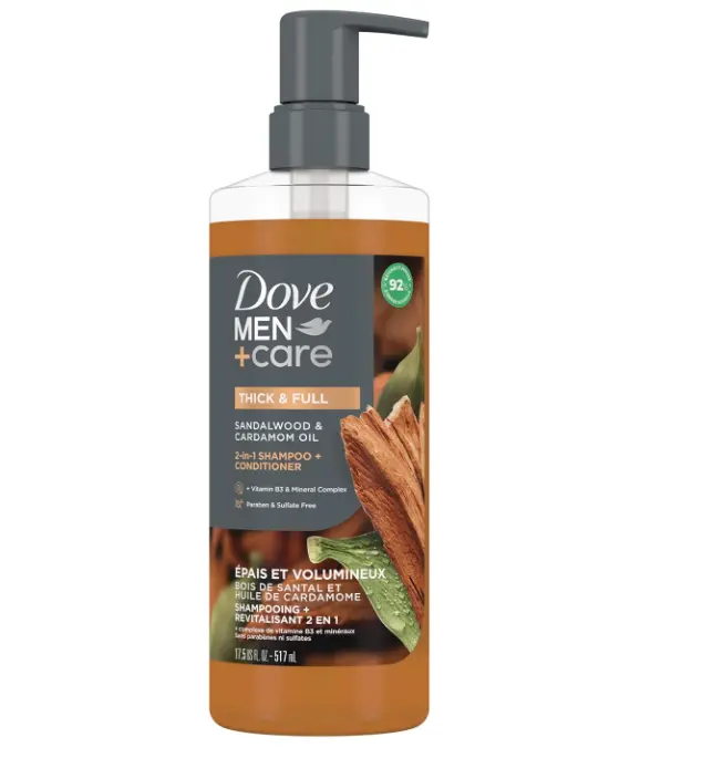 Dove Men+Care Thick & Full 2-in-1 Shampoo & Conditioner + Sandalwood 17.5oz | For thinning hair, Vitamin B3 & Mineral Complex help thicken hair for a fuller-looking appearance, with warm scent