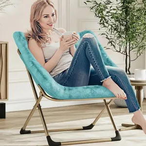 Footstool Green Faux Fur Saucer Chair Foldable Lounge Chair, Rabbit Fur Comfy Lazy Chair with Heavy Duty Metal Frame, No Assembly Cozy Accent Chair for Bedroom Dorm Gaming Room Living Room