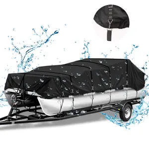 Zenicham 900D Heavy Duty Trailerable Pontoon Boat Cover for Winter Outside Storage, Waterproof Elastic Pontoon Boat Cover with Windproof Adjustable Metal Buckle Straps