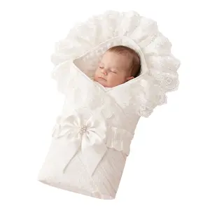 Luxury White Lace Baby Swaddle Blanket with Bow, 3D Minky Dot Lining Newborn Receiving Blanket for Photography, Baptism Christening Gift, Soft Breathable Nursery Throw, 31.5" x 31.5"