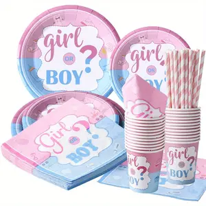 120PCS 24 Guests Gender Reveal Plates Tablewares Supplies, Includes Gender Reveal Plates, Cups and Napkins and Paper Straws, Boy or Girl for Party Dinnwares Decorations tween gifts hawaiian graduation leis hibiscus bouquet easter step son gift basket bf