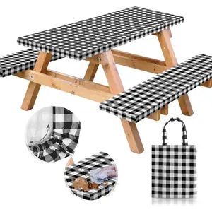 Vinyl Fitted Picnic Table Cover with Bench Covers and Bag, 6ft Outdoor Waterproof Windproof Elastic Edge Tablecloth, 72x30 Inches 4 Pcs Set (Black)-Must-Have For Camping, RV, Campers