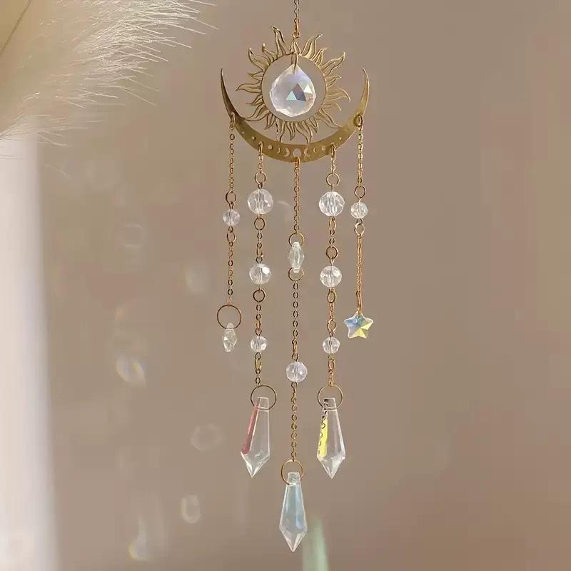 Sun Moon Crystal Suncatcher with Star Charms - Iridescent Glass Prism Rainbow Light Pendant, Long Chain Window Decoration for Indoor Boho Wall-Hanging Home Aesthetic Decoration