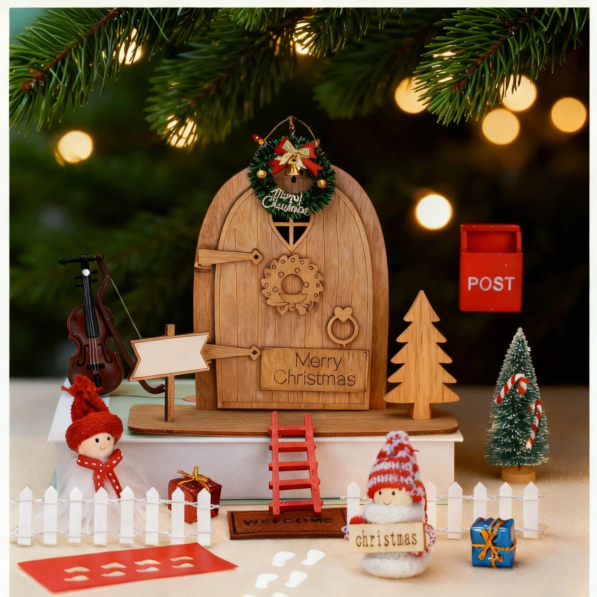 22-Pcs Wood Fairy Door Wall Kit - Mini Elf Door with Welcome Mat, Boots, Festive Decorations for Kids Bedroom, DIY Play, Holiday Decorating Gift