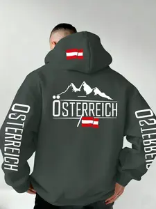 New Men's Hooded Sweatshirt Austrian Letter Print, Soft Stretch Knit Fabric, Casual Fitted Style, All Seasons Wear, Youth Essential