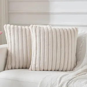 Beige Throw Pillow Covers 18x18 Set of 2, Soft Cozy  Striped Decorative Cushion Covers Faux   Pillow Covers, Home Decor Pillow Covers for Couch Sofa Livingroom.