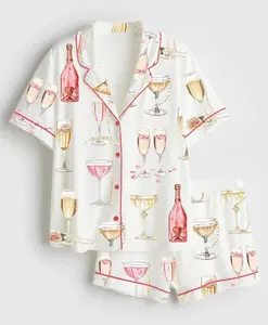 Pearls And Prosecco Bridal Shower Party Champagne Print Short Sleeve Satin Pajama Set, No Pocket Martini Pajamas, Matching Family Sleepwear Set, Cocktail Pajamas, Cute Pajama Set