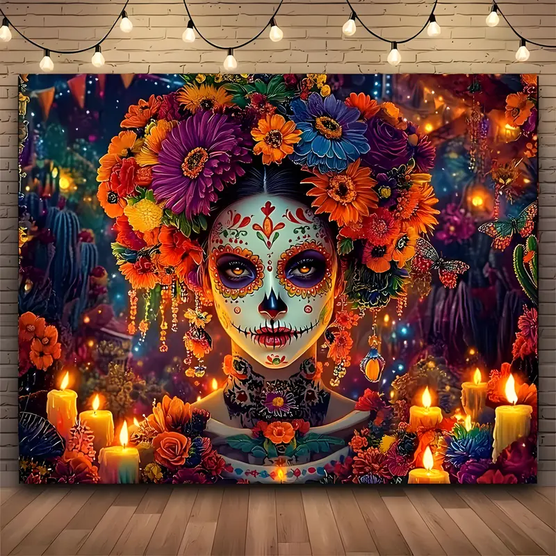 1pc Synthetic Extra Large Abstract Watercolour Painted Polyester Sugar Skull Decorative Tapestry - Mexican Alt Style, Hand Washable, Day of the Dead Carnival Decor, Living Room Wall Decor, Tapestry for Bedroom