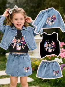 Three-Piece Set Including Denim Jacket, Jean Skirt & Sleeveless Top, Casual Style, Slim Fit for Young Girls, Perfect Gift for Outdoor Activities, Girls Outfits Denim Skirt Sets