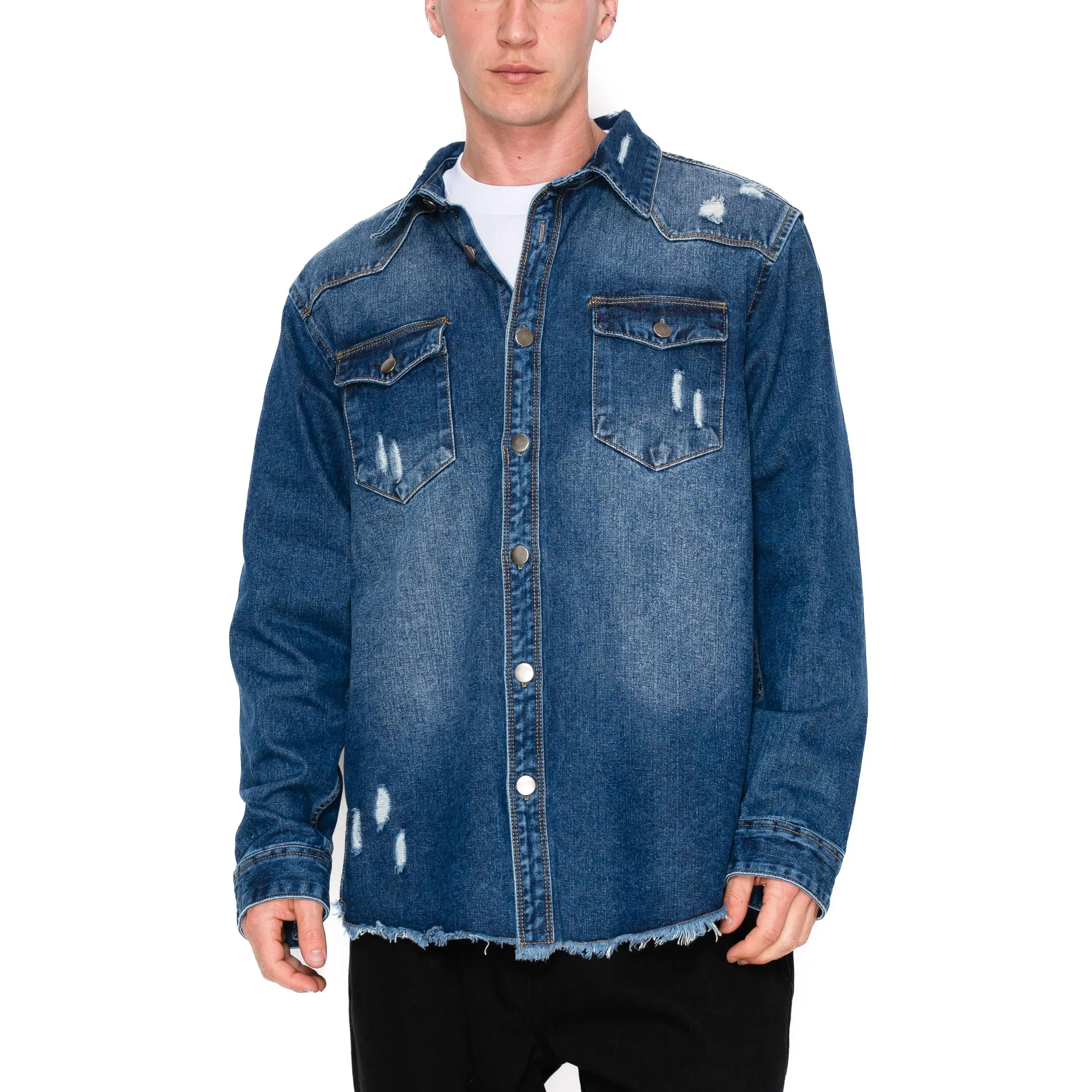VICTORIOUS Distressed Denim Shirt – Heavyweight Button-Up with Pockets Fit Top
