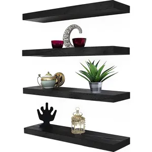 Floating Lip Shelves Set Wood Floating Shelves for Wall Decor, Rustic Wall Shelves for Bedroom Bathroom Kitchen Living Room, Set of 4 Black Storage Wooden